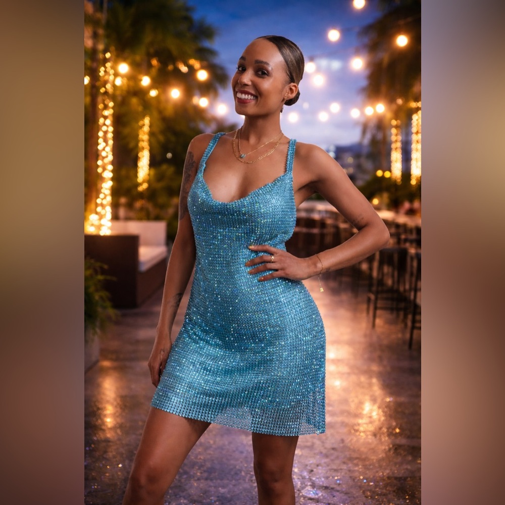 Turquoise Rhinestone Mini Dress | Heavyweight Sparkle | Durable Glam
